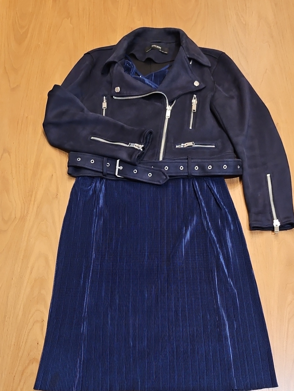 New ASOS Navy Midi Dress (12)& Gently Used Zara Navy Microsuede MotoJacket (M)